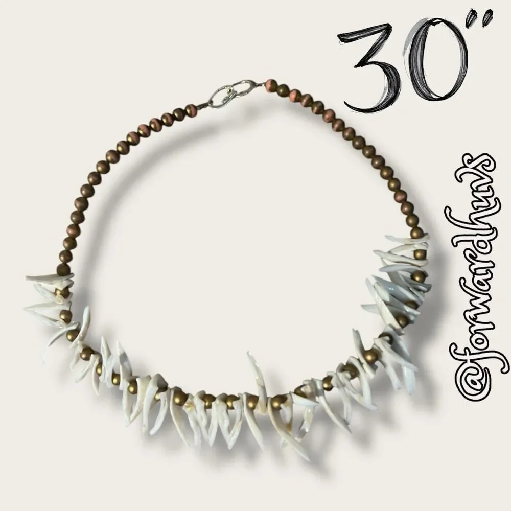 30-Inch Brutalist Jewelry Necklace with Jagged Shells, Brass and Pink Beads